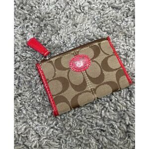 Coach Brown Tan Pink CC ID Holder Key Chain Keychain Jacquard Fabric